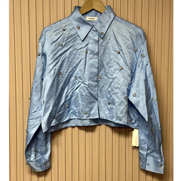 Sandro Paris Satiny Rhinestone Shirt in Sky Blue Size S - Picture 1 of 15